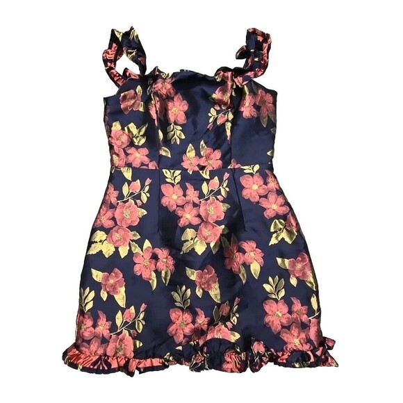 Lulu's navy blue floral jacquard dress shiny brochet off The Shoulder Sz Medium - Picture 1 of 12
